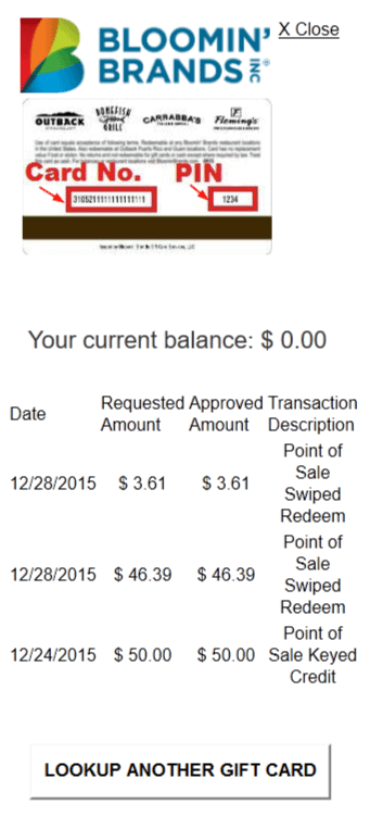 Actual Screenshot of $50 Outback Gift Card Balance